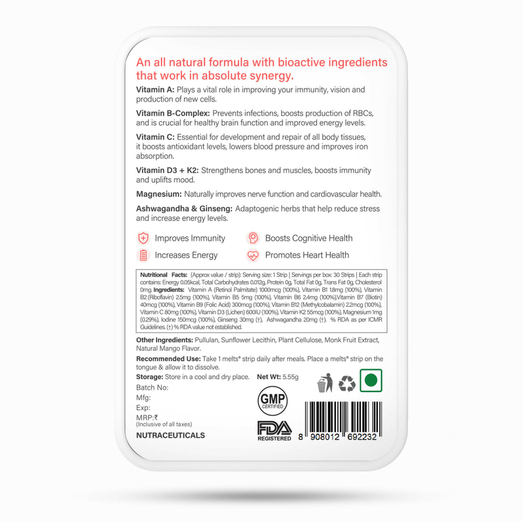 Wellbeing Nutrition Melts Into Multivitamins Oral Strips-Divine Alphonso Mango Flavor | Grocsy