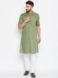 Even Apparels Green Color Pure Cotton Men's Kurta With Band Collar | Grocsy