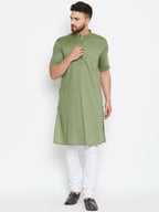 Even Apparels Green Color Pure Cotton Men's Kurta With Band Collar | Grocsy