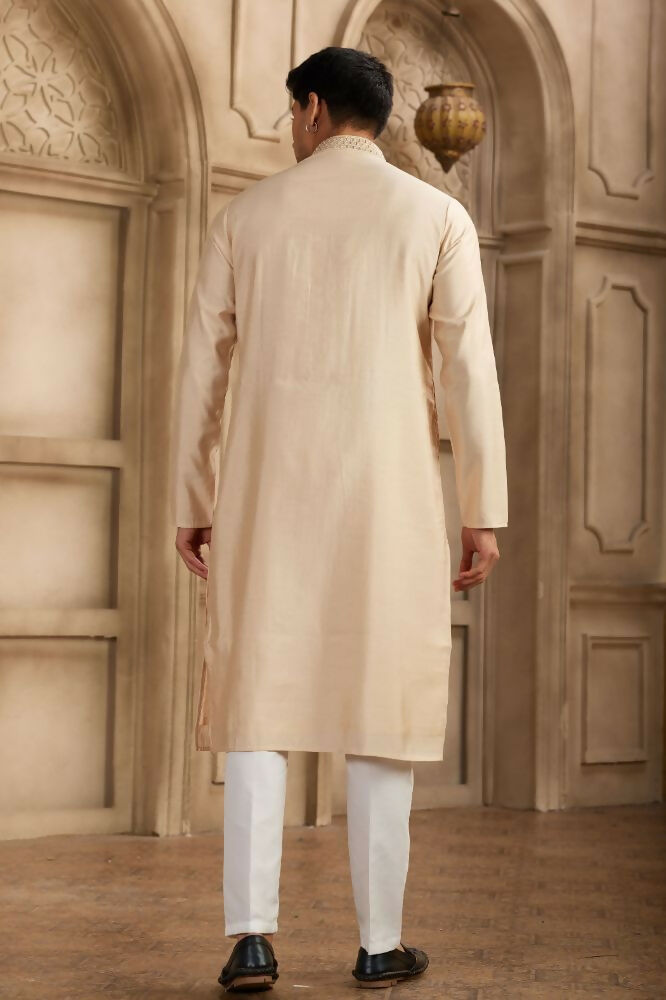 Raivat Ethnic Banarasi Art Silk Mirror Work Kurta Pajama In Beige Colour | Grocsy