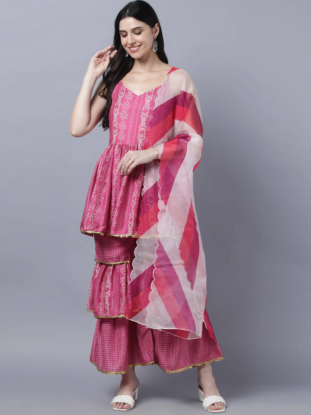 Myshka Stylish Pink Sleeveless Women's Kurta Sharara with Dupatta Set | Grocsy