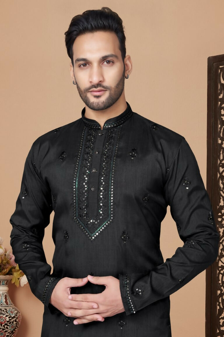 Functional Designer Men's Black Heavy Super Silk Kurta With Pant - Rudra | Grocsy