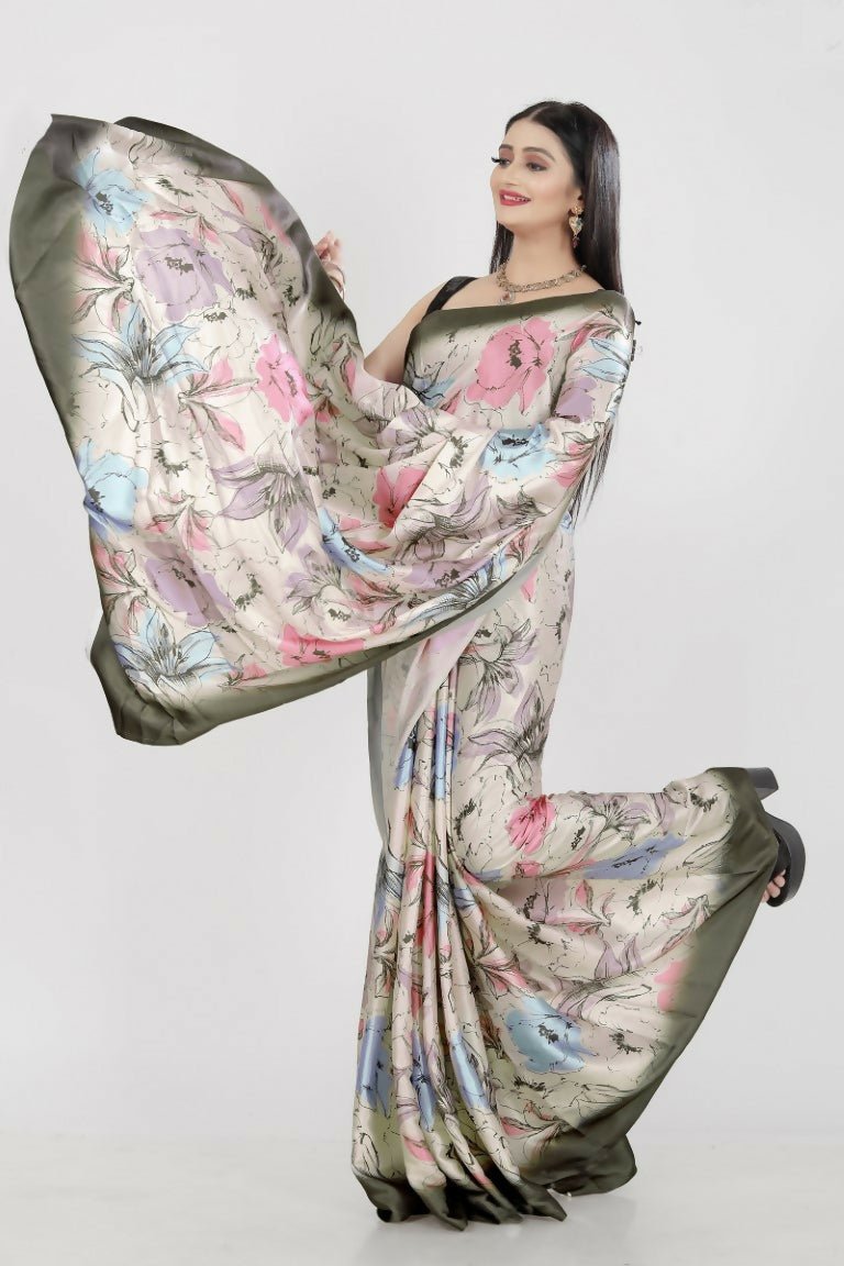 Aayaa Designer Printed Satin Saree - Multi Color | Grocsy