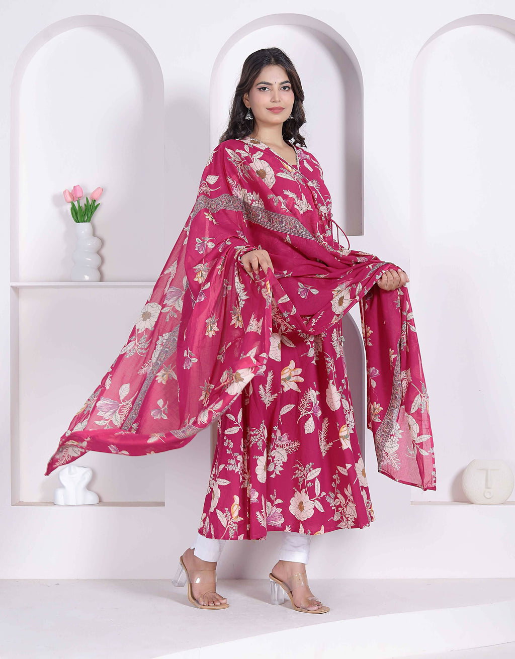 Miravan Womens Pink Floral Printed Angrakha Kurta With Dupatta | Grocsy