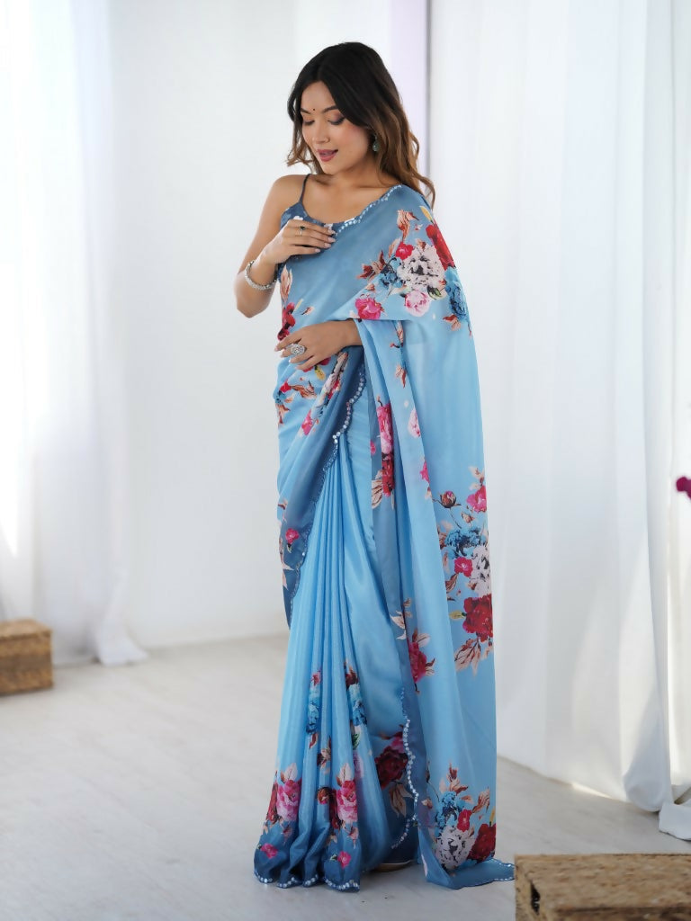 Blue Chinon Designer Digital Printed,Mirror Cut Work Saree - Elayna | Grocsy