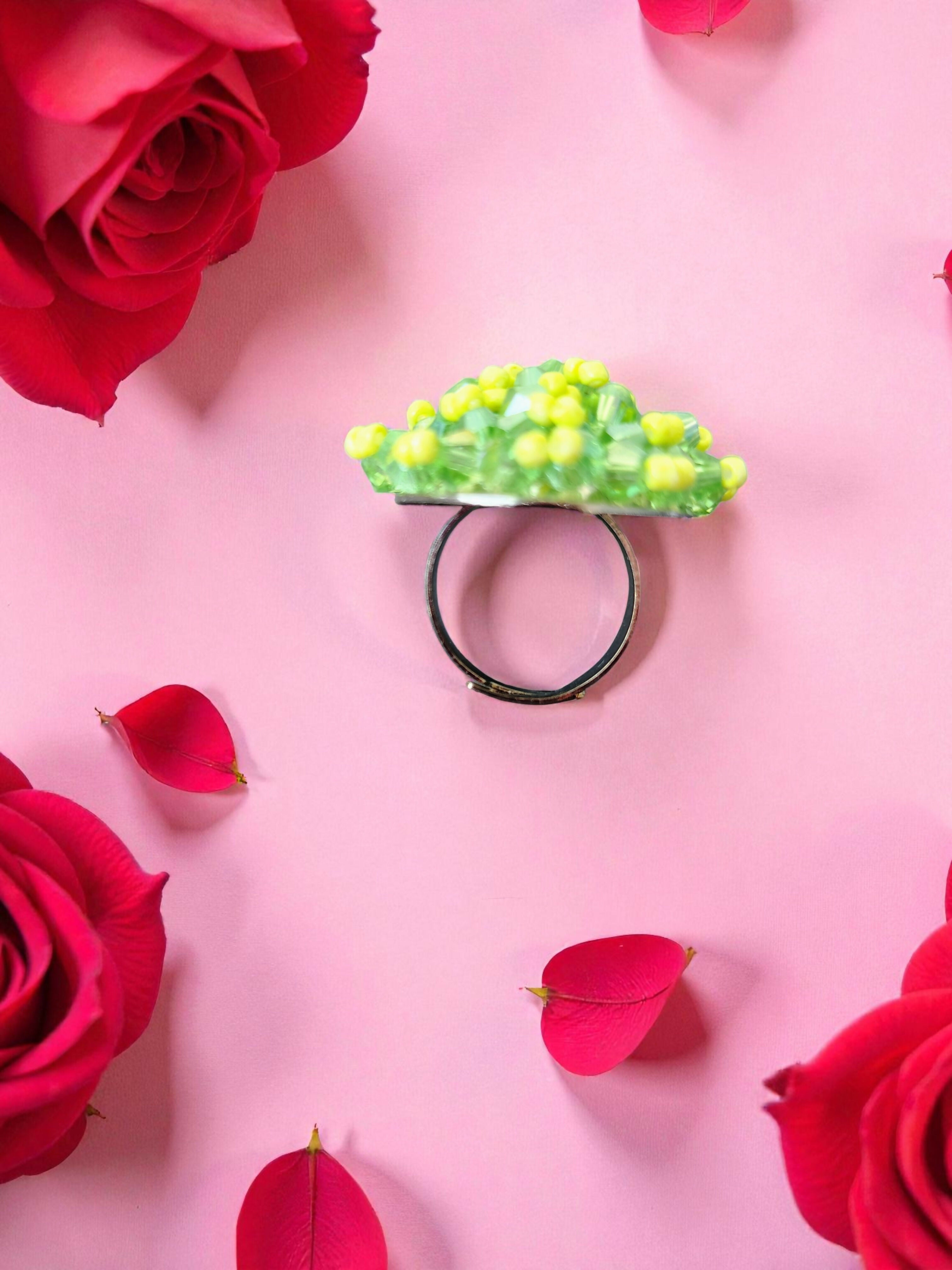 Inhanns Rang-E-Roshan Adjustable Ring – Handmade Crystal Statement Ring - Neon Green | Grocsy