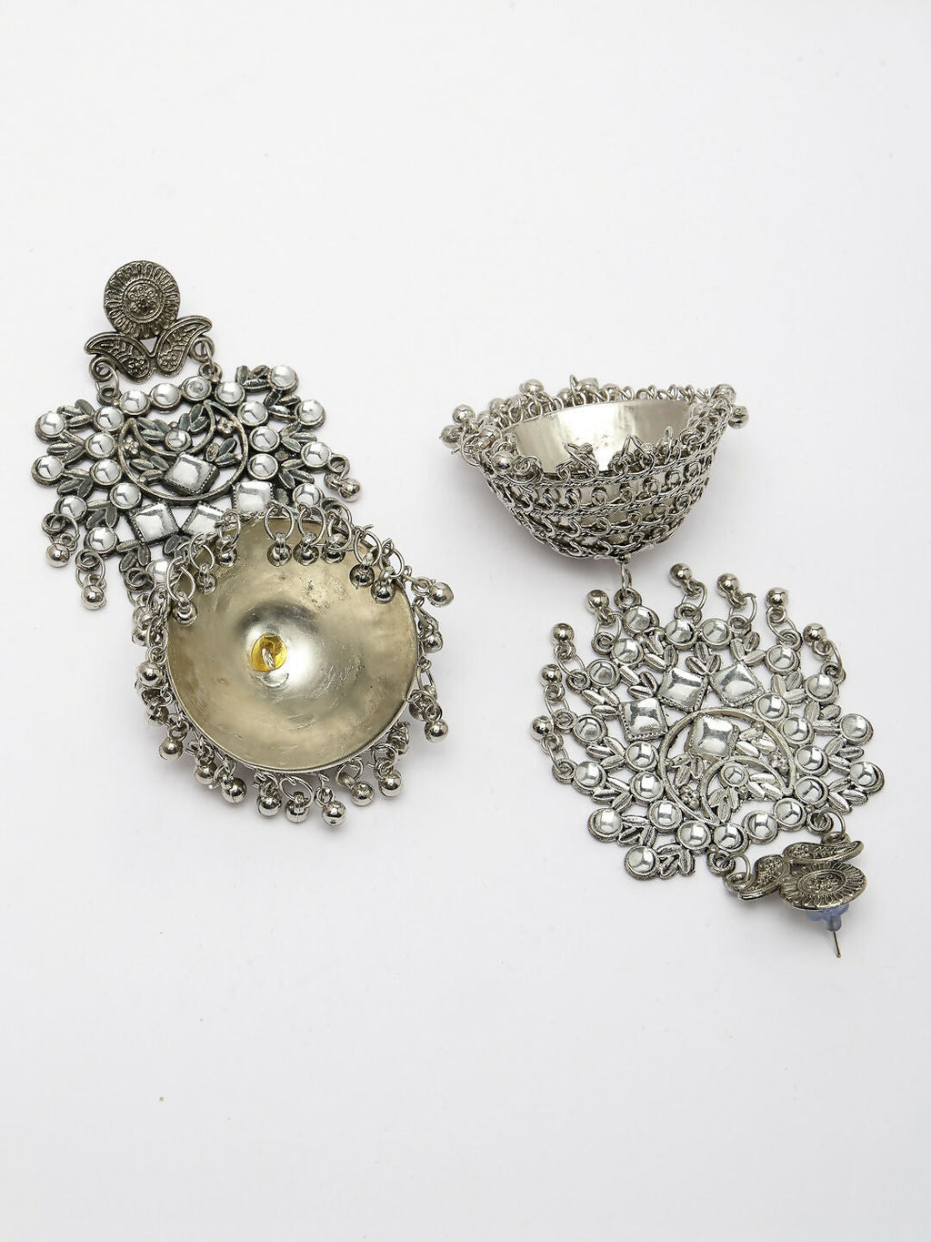 NVR Women's Silver-Plated Oxidised Artificial Stones Dome Shaped Jhumka Earrings | Grocsy