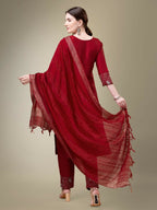 Jyoti Fashion Women's Maroon Cotton Blend Embroidery & Fancy Lace work Kurta with Trouser & Dupatta | Grocsy