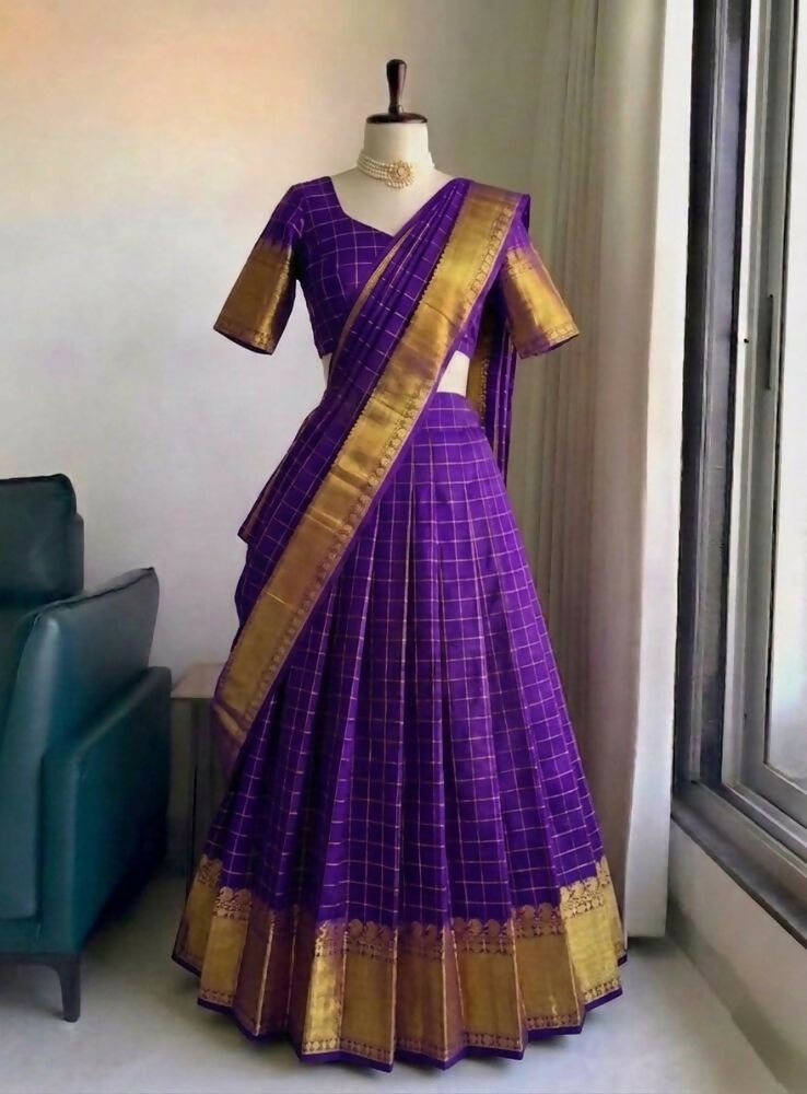 Teeya Creation Royal Purple Checkered Silk Lehenga Choli with Rich Gold Zari Border | Grocsy