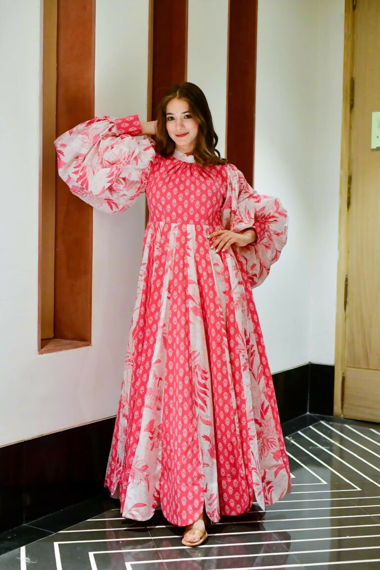Jyoti Fashion Women's Pink Heavy Digital Printed Cotton Silk Anarkali Dress | Grocsy
