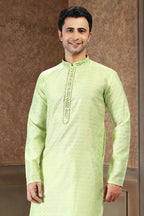 Raivat Ethnic Jacquard Art Silk Mirror and Thread Work Kurta Pajama In Pista Green Colour | Grocsy