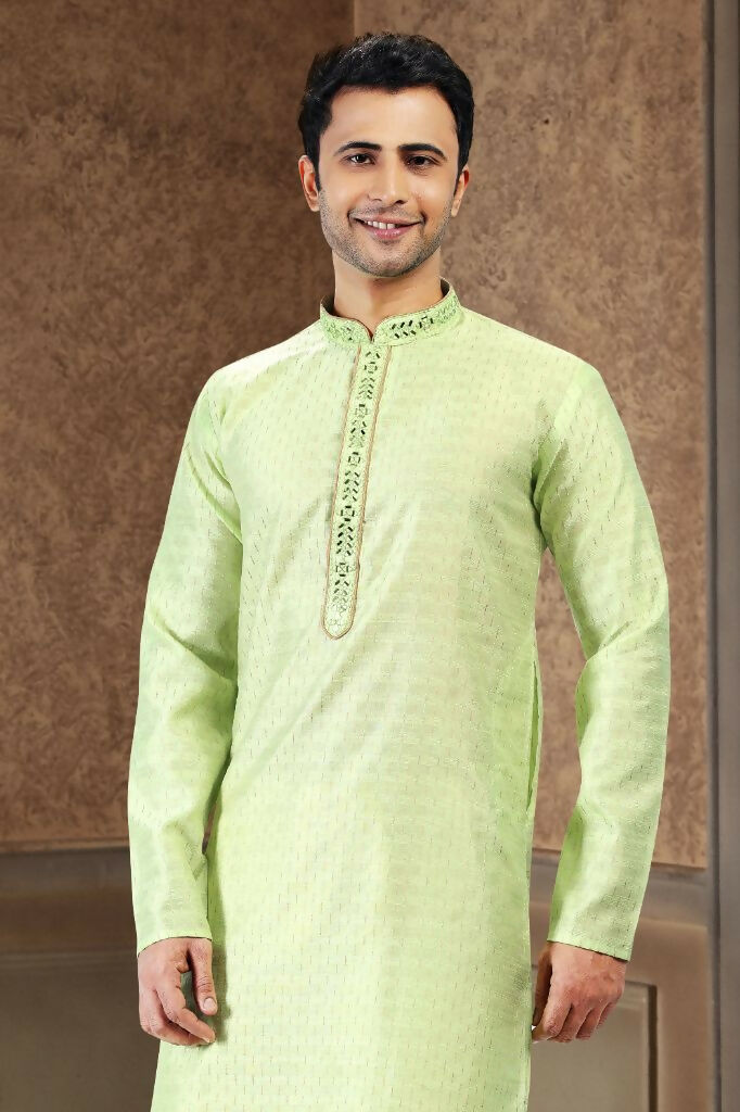 Raivat Ethnic Jacquard Art Silk Mirror and Thread Work Kurta Pajama In Pista Green Colour | Grocsy