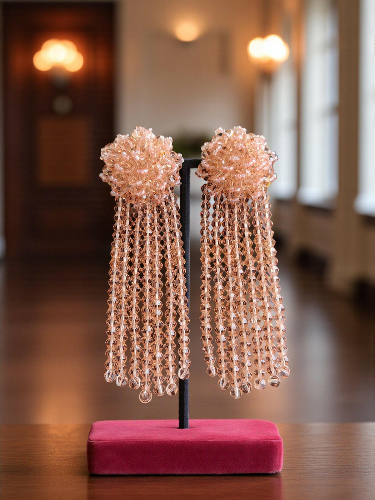 Inhanns Handmade Crystal Waterfall Earrings - Long - Peach Big | Grocsy