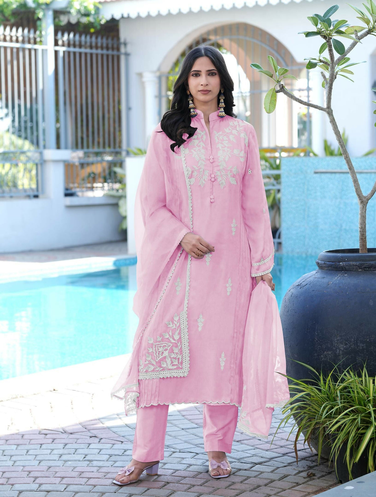 Nikhaar Light Pink Embroidered Modal Silk Stitched Straight Cut Kurta Pants Dupatta Readymade Suit | Grocsy