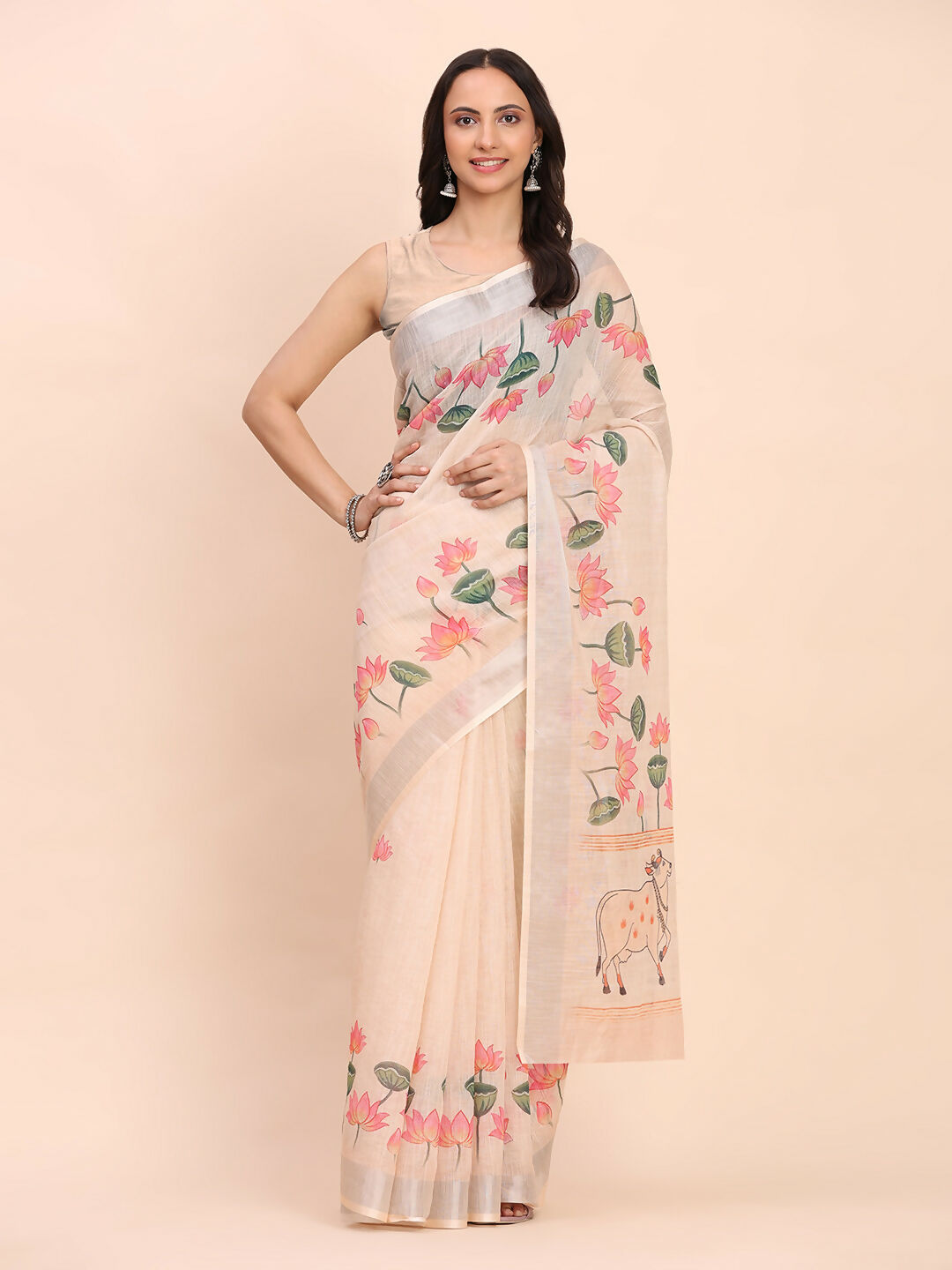 Shree Shyam Fashion Linen Cotton Peach Saree | Grocsy