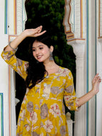 Miravan Women's Cotton Gotapatti And Lace Border Details Floral Printed Yellow Anarkali Kurta | Grocsy