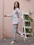Blue & Pink Rayon Floral Printed Top with Matching Bottom - Eesha | Grocsy