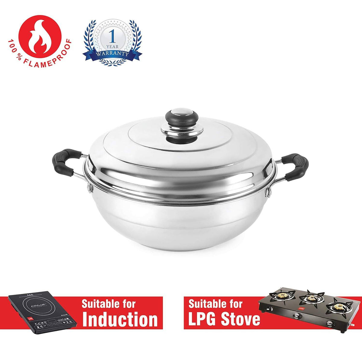 Cello Stainless Steel Induction Base Idli Cooker (Idly Maker) And Multi Kadhai Set of 6 | Grocsy