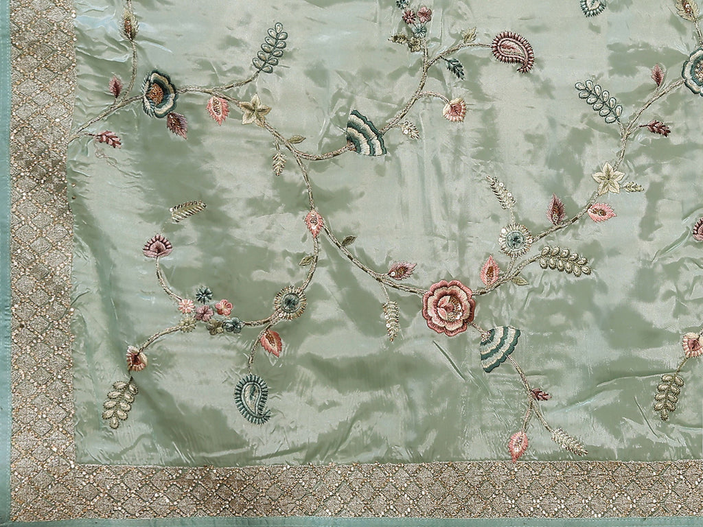 Blue Satin Silk Embroidered Saree With Stitched Blouse - Nimaya Kaksha | Grocsy