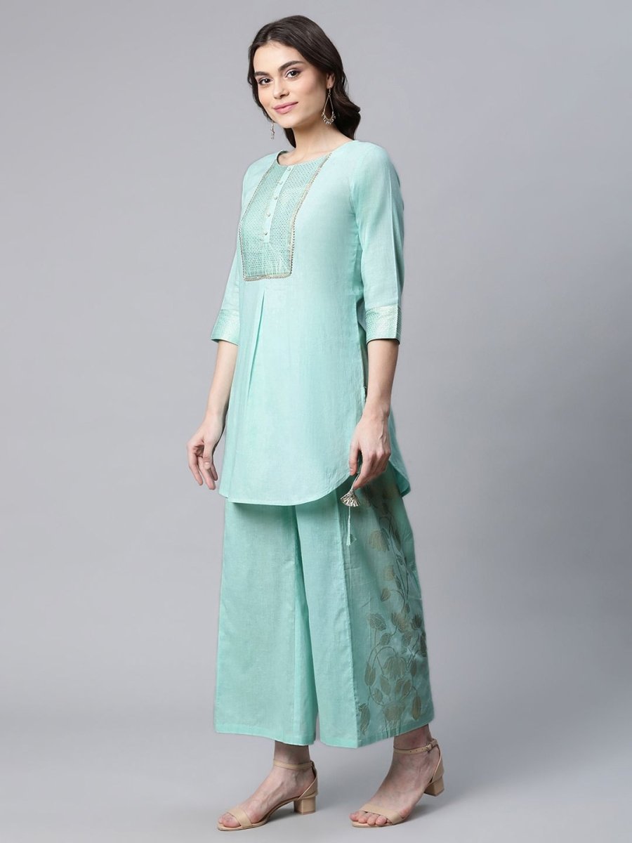 Ahalyaa Women Teal Pure Cotton Gold Foil Printed Pakistani Style Kurta Palazzo Set | Grocsy