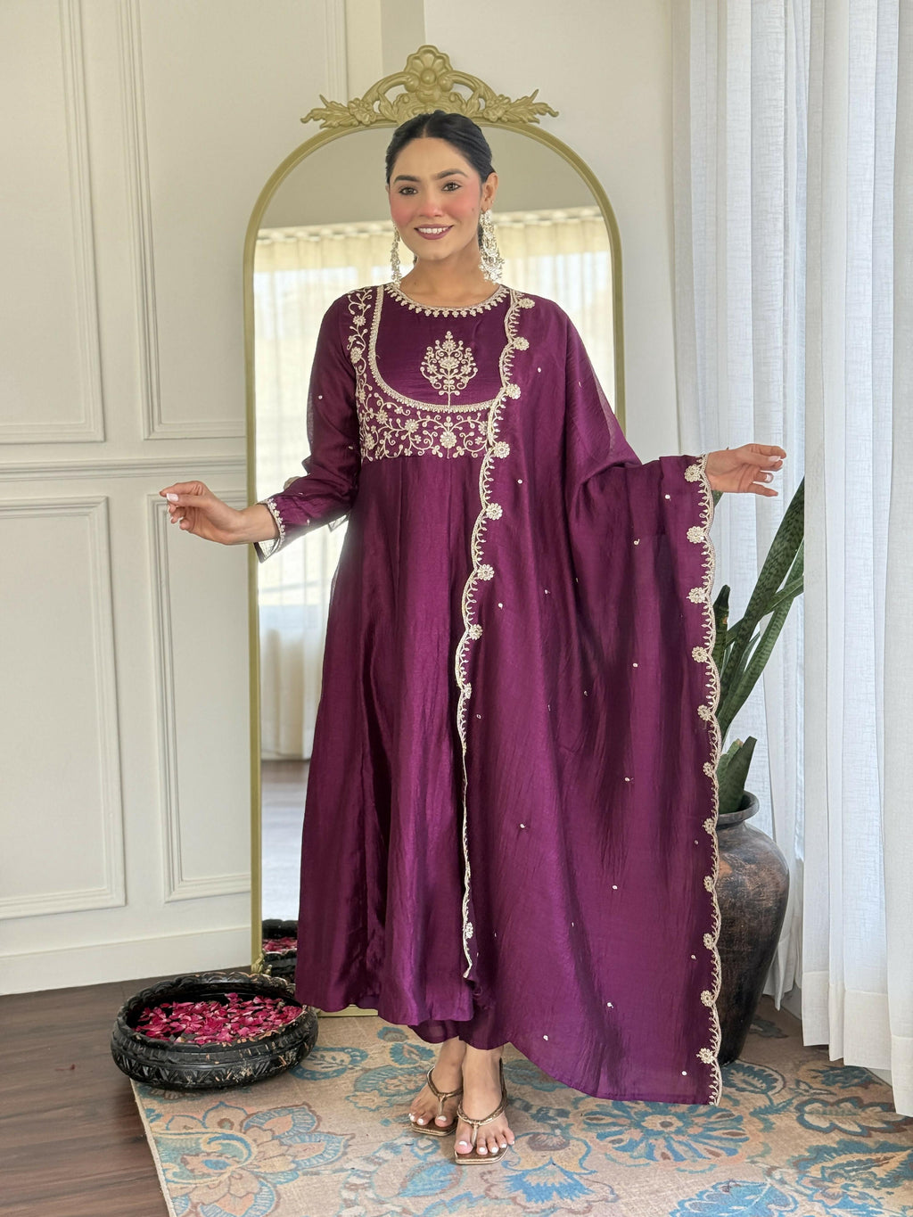 The52 Purple Women's Gorgeous Embroidered Vichitra Silk Fabric Flared Kurta Pant with Dupatta Set | Grocsy