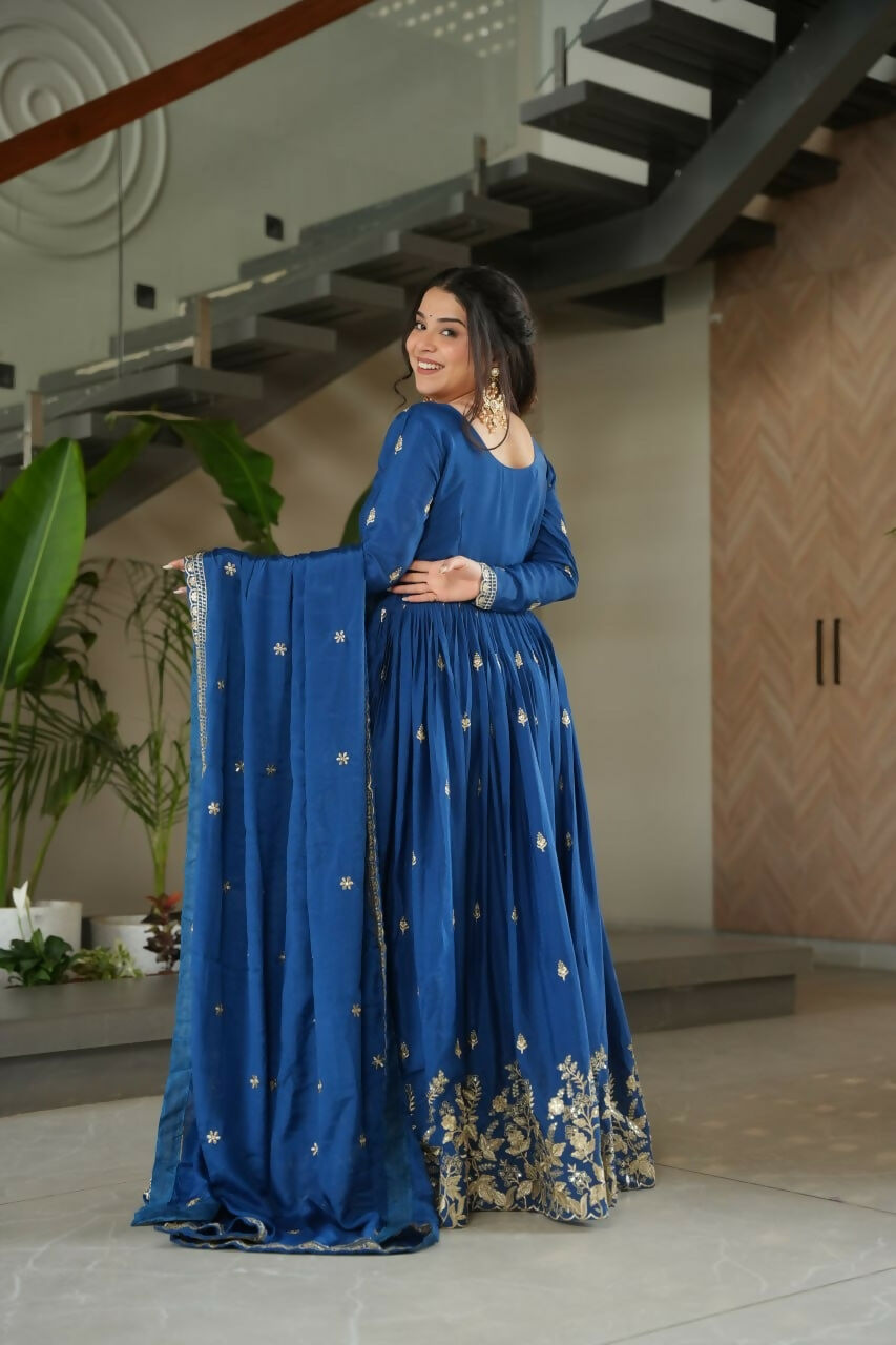Teeya Creation Blue Color Chinon Silk Party Wear Long Gown | Grocsy