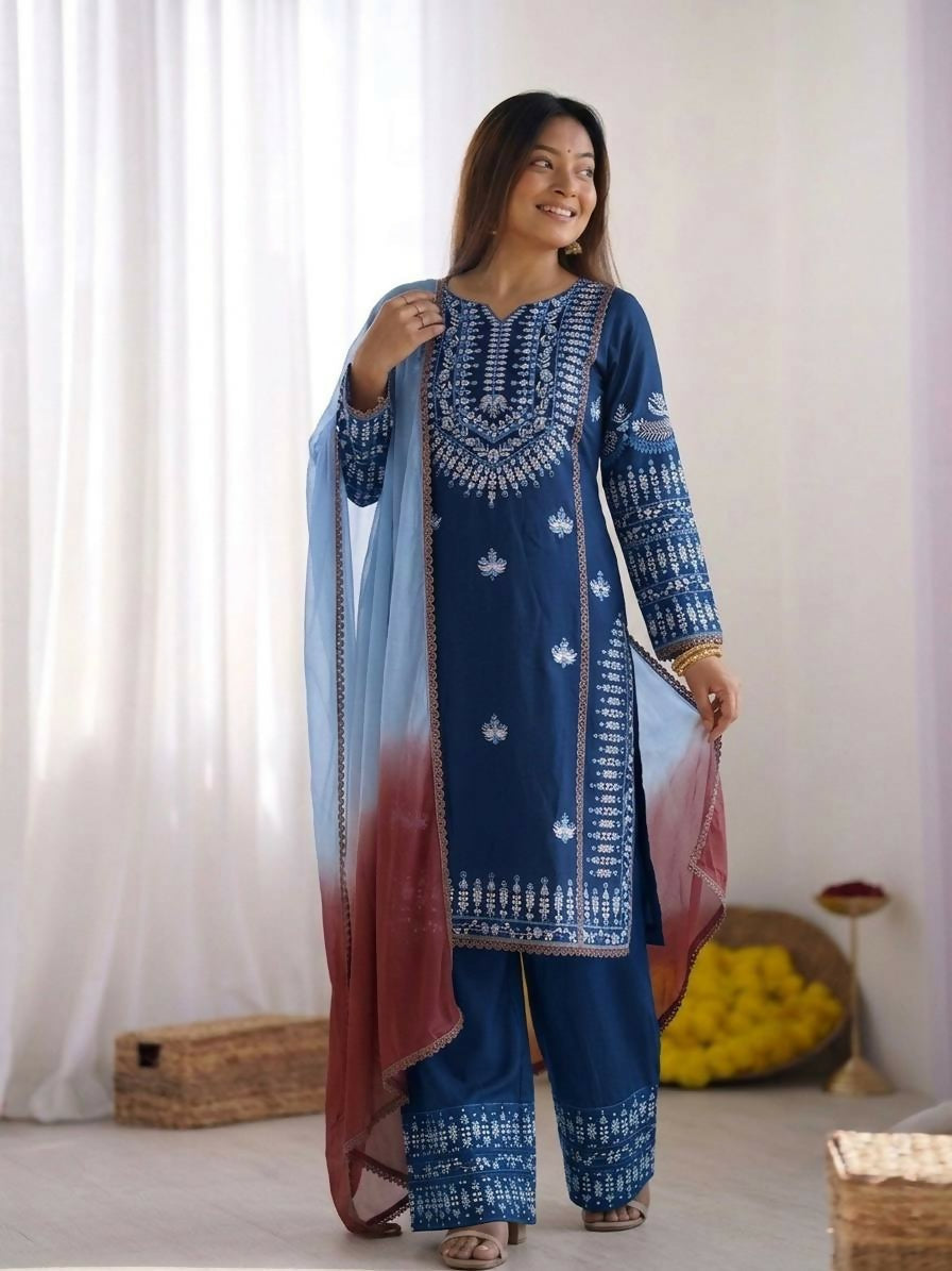 Teeya Creation Womens Trendy Stylish Embroidery Thread Work Blue Kurta Set | Grocsy