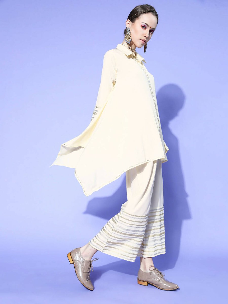 Ahalyaa Women Off White Colour Crepe Printed Top Palazzo Set | Grocsy