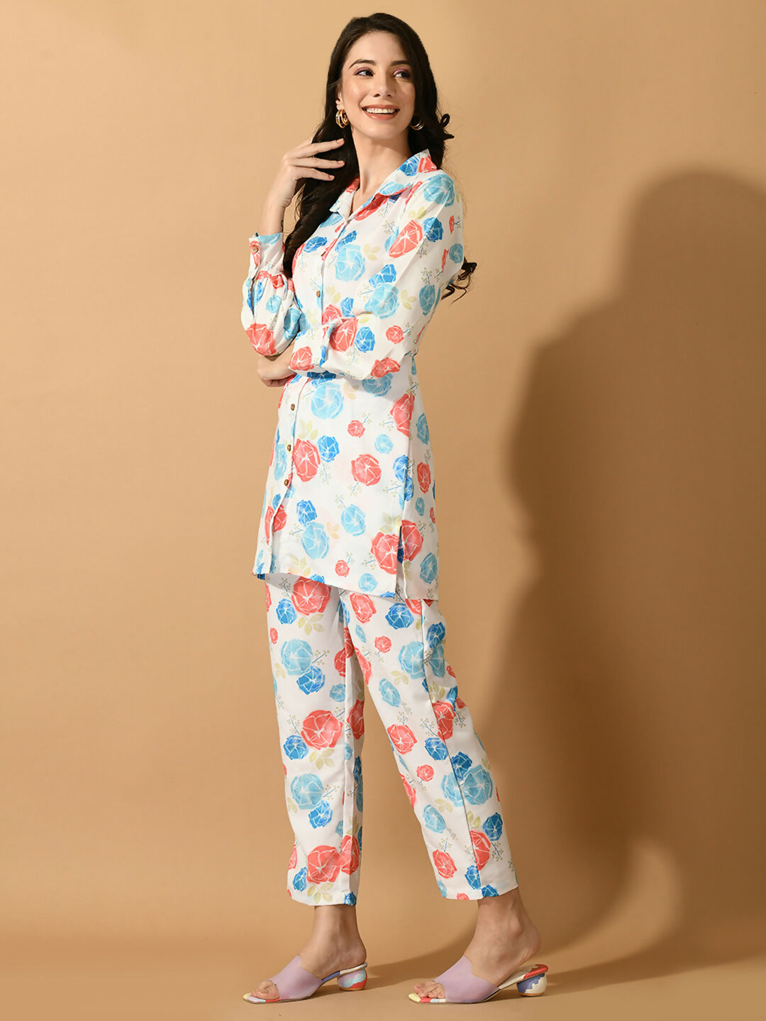 Myshka Women's White Printed Shirt With Trousers | Grocsy
