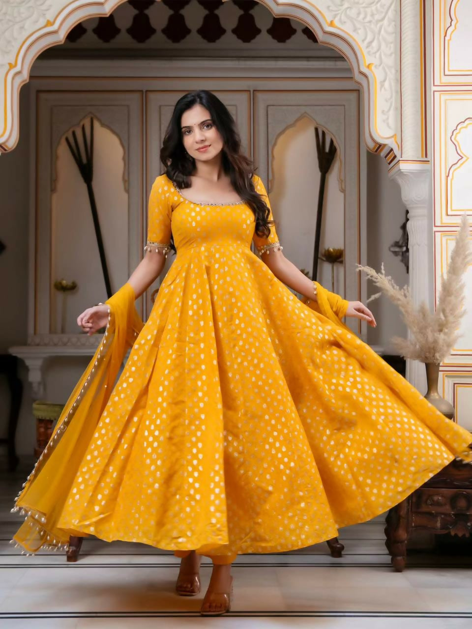 Teeya Creation Mustard Yellow Anarkali Gown With Foil Print Work - Festive Ethnic Wear Set | Grocsy