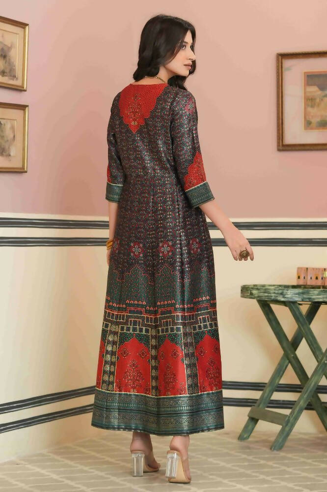 Juniper Green Satin Festive Printed Anarkali Flared Anarkali Kurta For Women | Grocsy