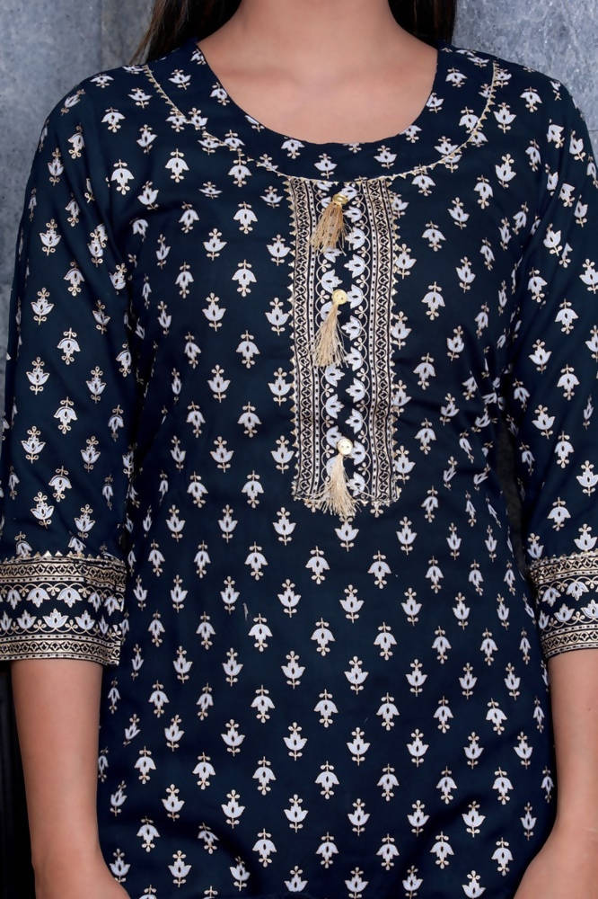 Vamika Navy Blue Gota Patti Work Rayon Party And Casual Wear Kurta Set | Grocsy