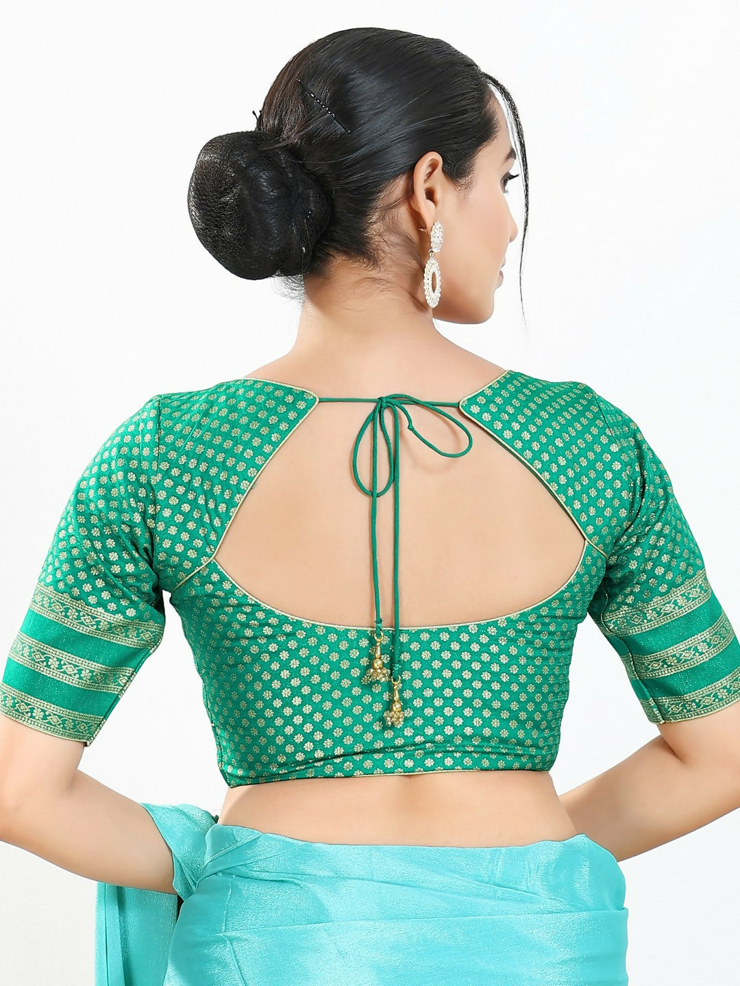 Joban Fashion Rama Green Brocade Padded Blouse With Round Neck Elbow Sleeves | Grocsy