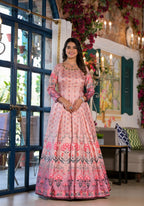 Partywear Designe rPeach Dola Silk Anarkali suit with Dupatta - Samyukta | Grocsy