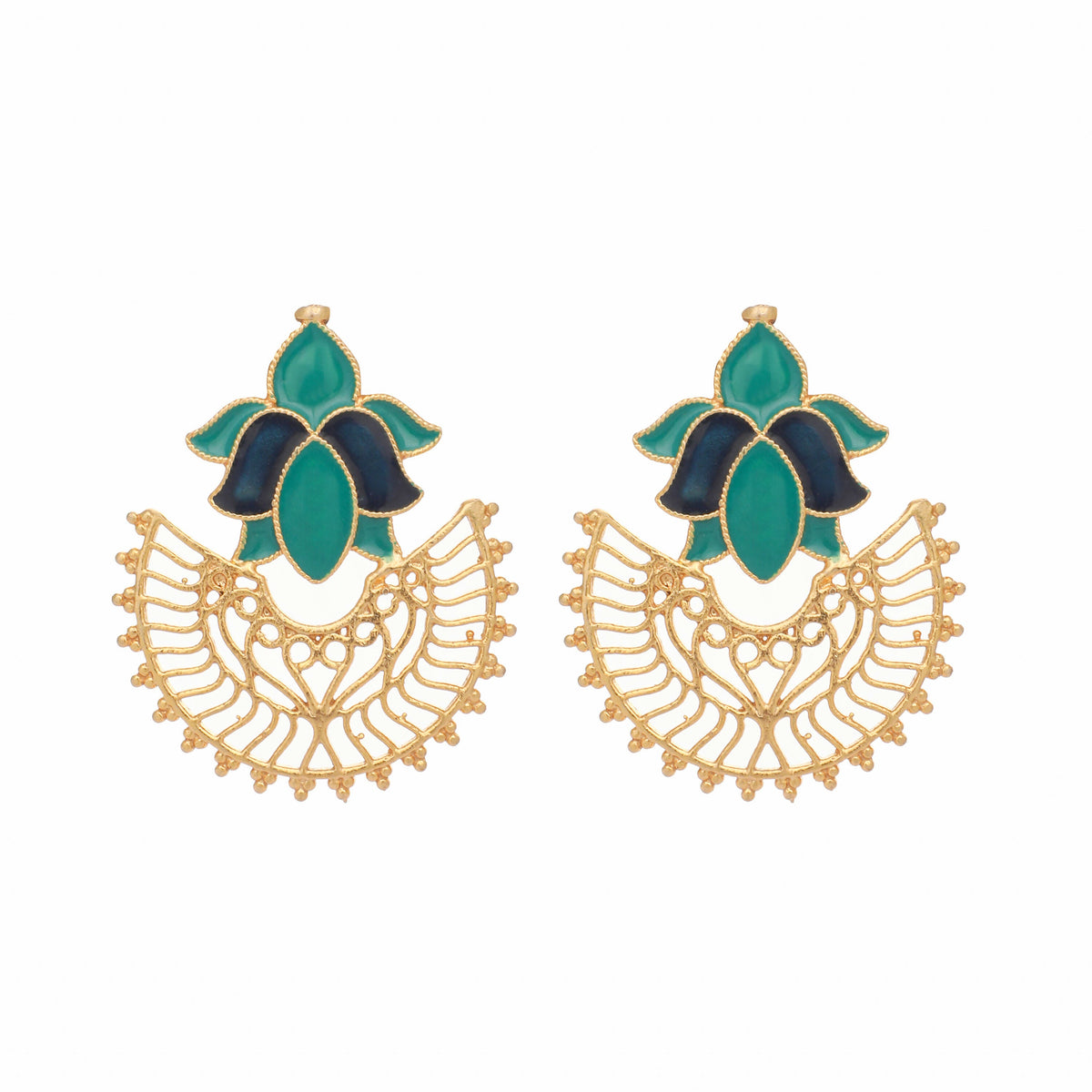 Nuyug 22K Gold Plated Turquoise Enamel Studded Indo-Western Floral Jali Statement Stud Earrings | Grocsy