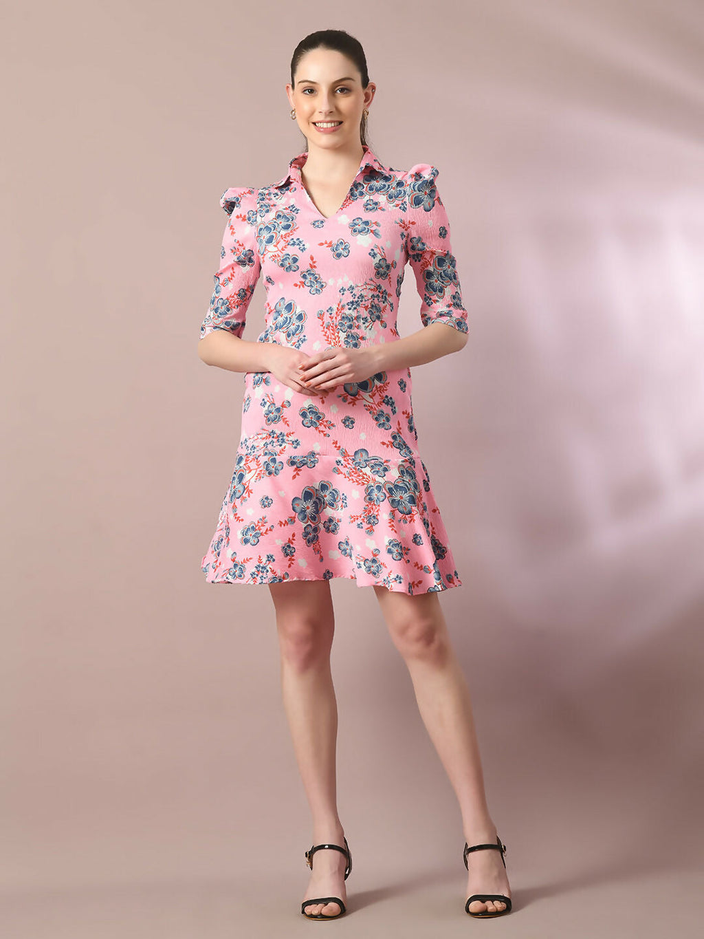 Myshka Women's Pink Printed Shirt Collar Fit and Flare Party Dress | Grocsy