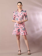 Myshka Women's Pink Printed Shirt Collar Fit and Flare Party Dress | Grocsy
