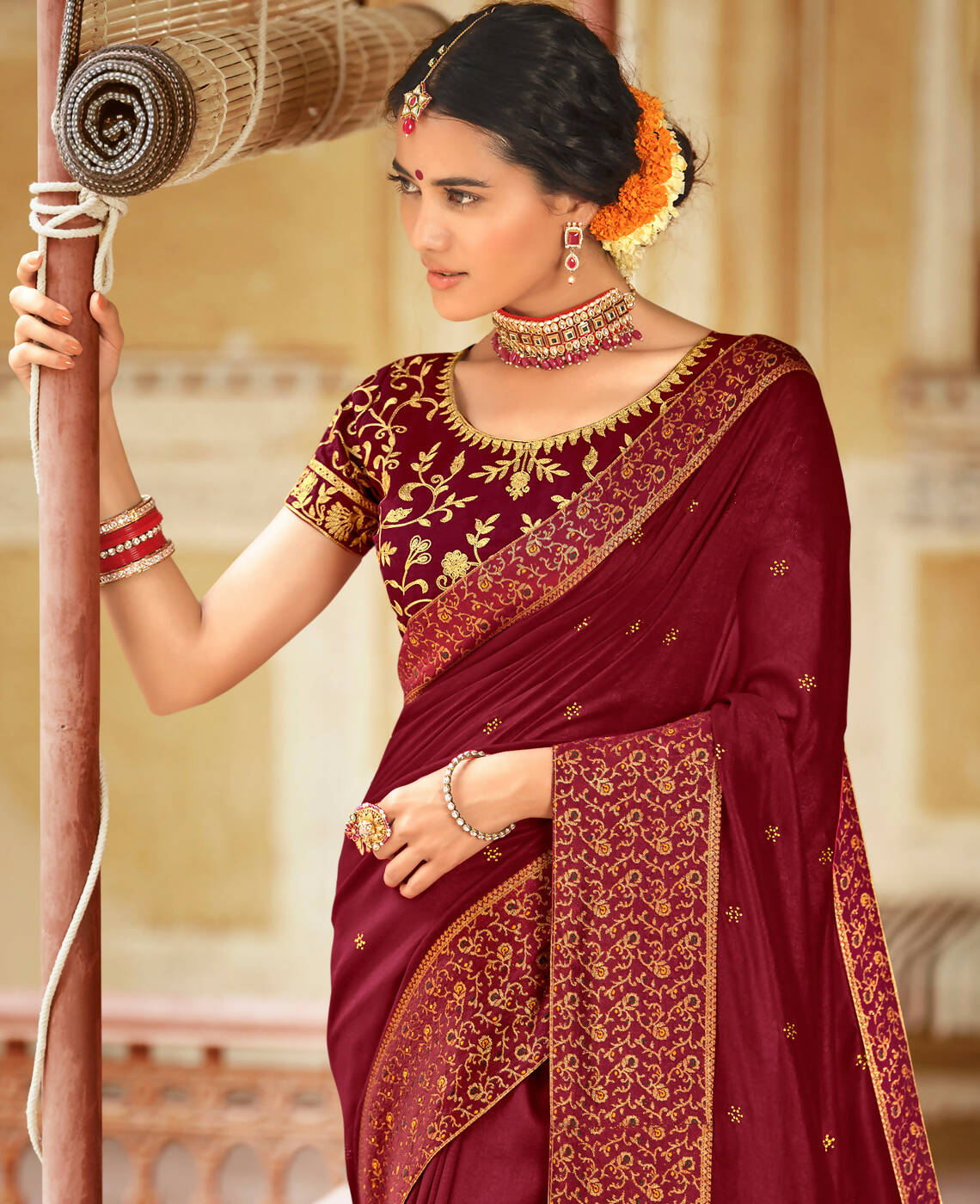 Maroon Vichitra Stone Work Saree With Unstitched Blouse Piece - Rosy | Grocsy