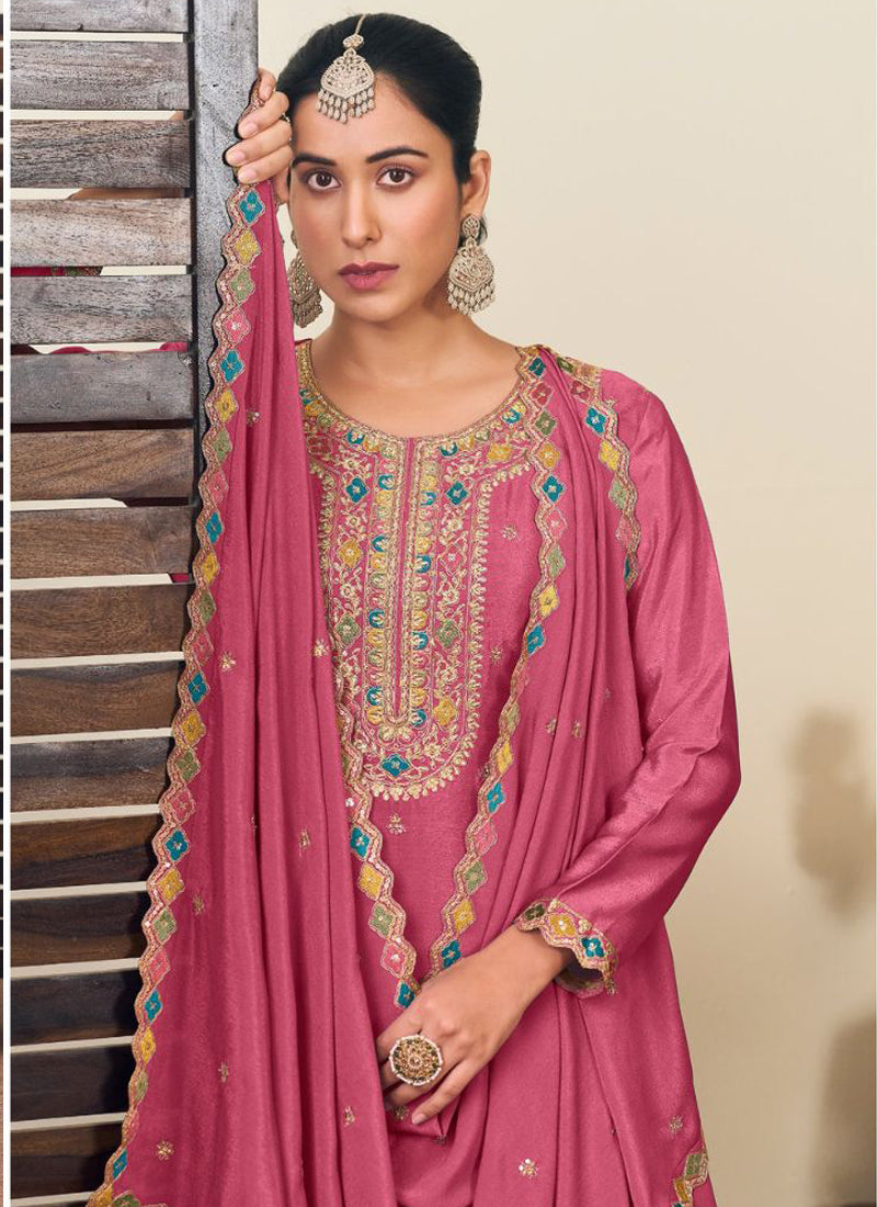 Vegaa Fashion Peach Chinon Silk Embroidered Lehenga Style Suit | Grocsy
