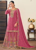 Vegaa Fashion Peach Chinon Silk Embroidered Lehenga Style Suit | Grocsy