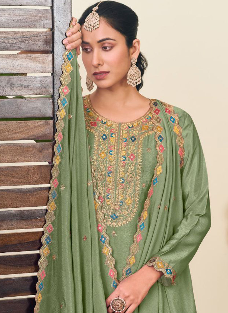 Vegaa Fashion Pista Green Chinon Silk Embroidered Lehenga Style Suit | Grocsy