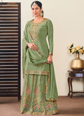 Vegaa Fashion Pista Green Chinon Silk Embroidered Lehenga Style Suit | Grocsy