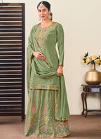 Vegaa Fashion Pista Green Chinon Silk Embroidered Lehenga Style Suit | Grocsy