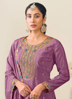 Vegaa Fashion Lavender Chinon Silk Embroidered Lehenga Style Suit | Grocsy