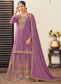 Vegaa Fashion Lavender Chinon Silk Embroidered Lehenga Style Suit | Grocsy