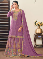 Vegaa Fashion Lavender Chinon Silk Embroidered Lehenga Style Suit | Grocsy