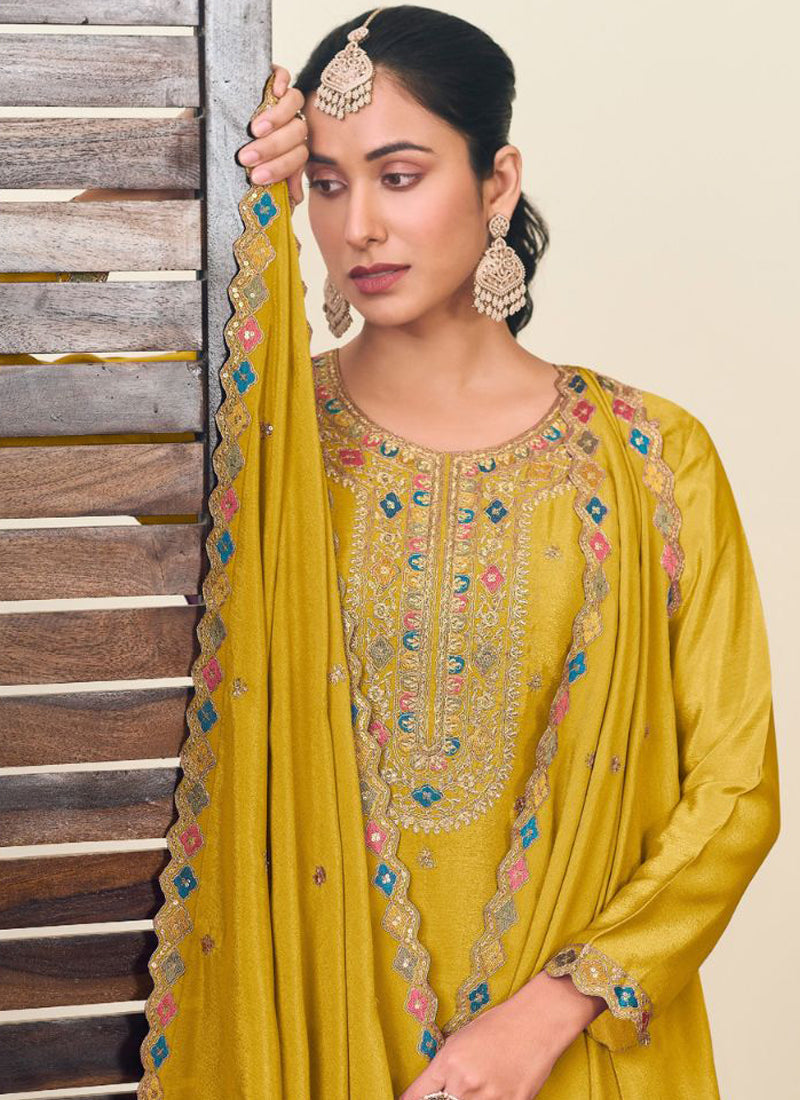 Vegaa Fashion Yellow Chinon Silk Embroidered Lehenga Style Suit | Grocsy