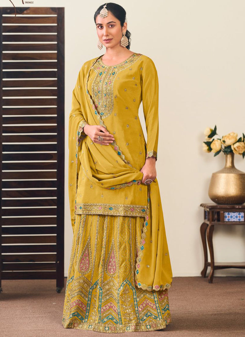 Vegaa Fashion Yellow Chinon Silk Embroidered Lehenga Style Suit | Grocsy