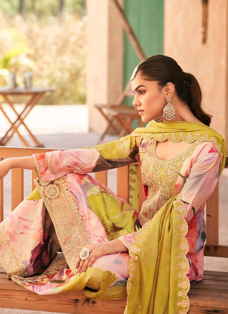 Vegaa Fashion Baby Pink Premium Chinon Embroidered Palazzo Suit | Grocsy