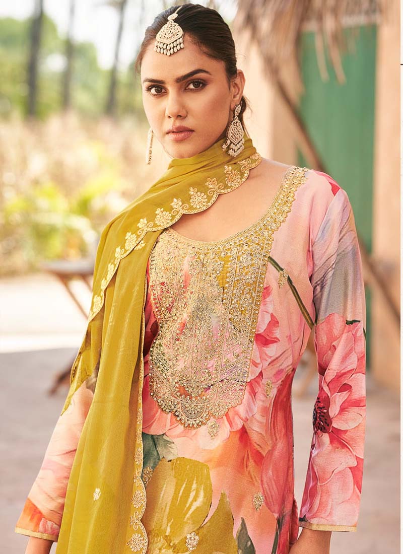 Vegaa Fashion Baby Pink Premium Chinon Embroidered Palazzo Suit | Grocsy
